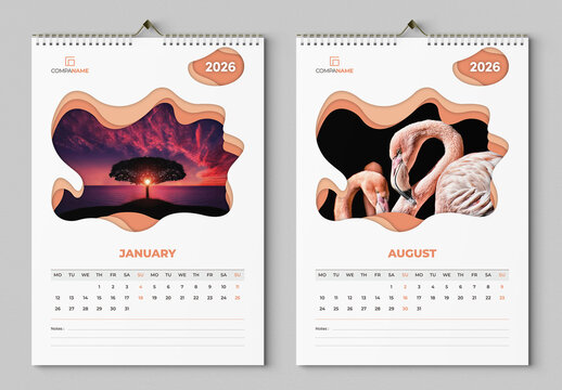 Wall Calendar Layout with Abstract Cutout for Images Placeholder
