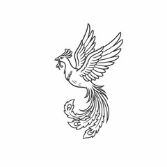 Obraz premium Detailed black and white illustration of a stylized phoenix bird in flight, holding a sprig.