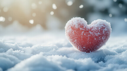 Obraz premium romantic red heart symbol covered with fresh white snow during cold winter day. lovely scene shows blurred background with soft light and falling snowflakes.