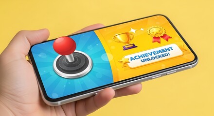 Hand holding a smartphone displaying a mobile game with an achievement unlocked notification and a virtual joystick.