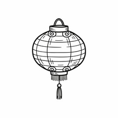 Fototapeta premium Black and white line art illustration of a traditional Chinese paper lantern with a tassel.
