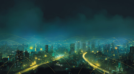 Fototapeta premium Twilight a city of modern business and smart digital innovation with a network of interconnected rewards over the cityscape of the future smart wireless digital city and social media network
