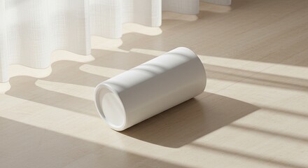 White Cylindrical Object Lying on Wooden Floor with Window Shadows