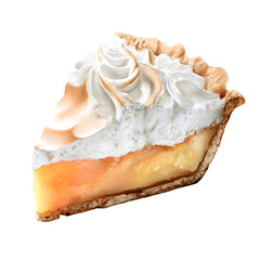 Lemon meringue pie slice with fluffy toasted meringue topping.