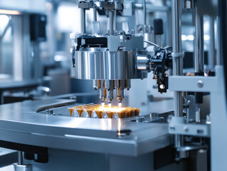 Image shows high tech industrial machine performing precise manufacturing or packaging process, with focus on automation and modern technology in clean, professional environment