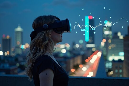 Young woman analyzing financial data in virtual reality on a rooftop against city lights at night.