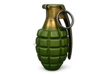 Fototapeta premium Green and gold grenade on transparent background, ready for action, symbolizing danger, war, and military conflict