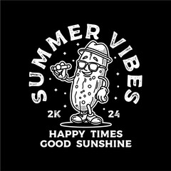 A cool cartoon pickle mascot wearing sunglasses and a hat, embodying summer vibes and good times. This fun, retro black and white illustration represents happy sunshine