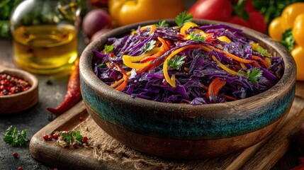 Fototapeta premium Colorful Cabbage Salad with Bell Peppers and Herbs on Wooden Table