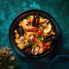 Delicious seafood paella with shrimp mussels and vegetables served in a black bowl on a vibrant green background
