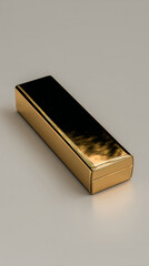 Shiny gold bar on neutral gray background, single precious metal ingot, luxury bullion investment, reflective golden brick with mirror surface
