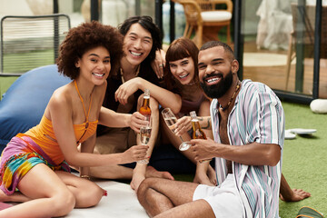 Joyful friends enjoying a vibrant pool party with laughter and drinks in the warm sun