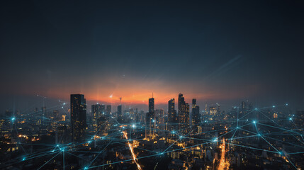 Fototapeta premium Twilight a city of modern business and smart digital innovation with a network of interconnected rewards over the cityscape of the future smart wireless digital city and social media network