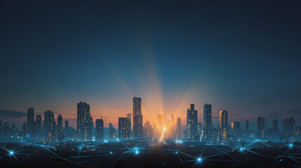 Obraz premium Twilight a city of modern business and smart digital innovation with a network of interconnected rewards over the cityscape of the future smart wireless digital city and social media network