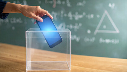 Hand places phone in transparent box as school phone restriction policy with chalkboard and math formulas in background