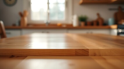 Close-up of polished wooden table surface with soft morning light through a blurred kitchen window in warm natural tones.