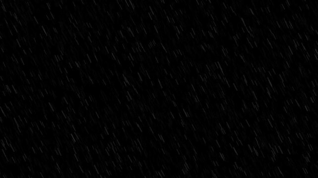 Heavy rain falling at night, seamless loop animation. realistic storm texture, dark weather overlay effect with diagonal drops on a black background