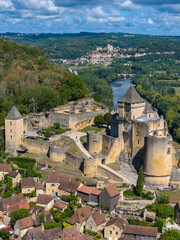 Aerial view above the Beautiful village of Castelnaud-la-Chapelle on the Dordogne Riiver in France