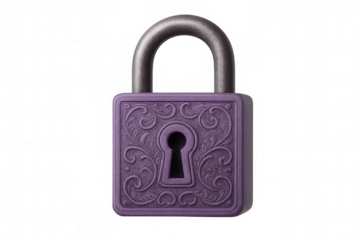 Closed purple padlock with floral decorations on transparent background, representing data protection and security