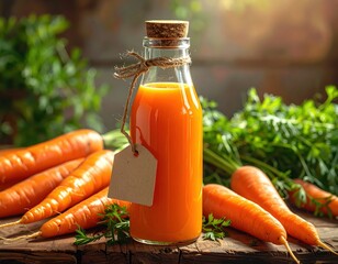 Freshly squeezed carrot juice in a glass bottle sits amongst fresh carrots on a rustic wooden surface.