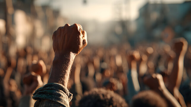 Raised fists in juneteenth and african liberation day celebration, Powerful Raised Fist: Unity and Protest in the Crowd