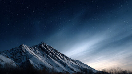 Snow-covered mountain peak at twilight with dramatic cloudy sky, majestic alpine landscape at dusk, winter mountainside with blue gradient horizon, scenic wilderness panorama
