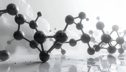 A complex molecular structure, composed of glossy black spheres connected by thin rods, floats amidst a hazy, white background.