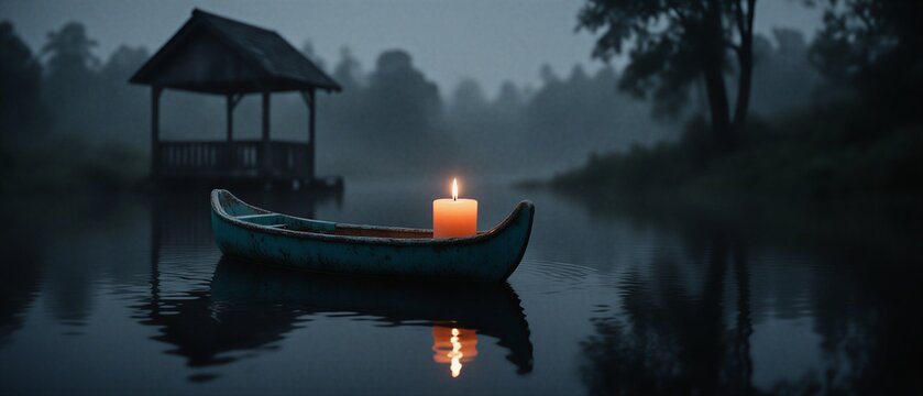 warm candle glow illuminates a small boat gently drifting on dark water | relaxation, meditation, peace, romance, nature theme