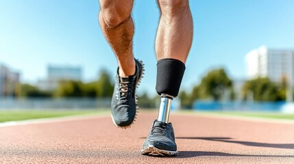 Closeup of male runner with artificial leg exercising on green stadium