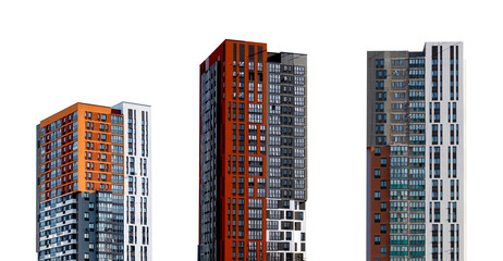 Building set with modern architecture. Skyscraper towers in urban city with tall facade and windows,