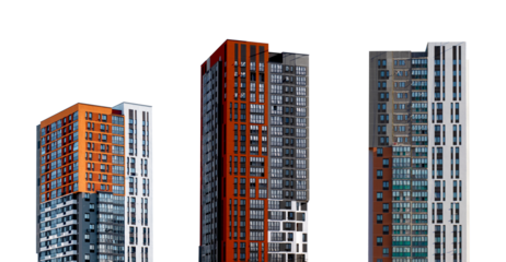 Building set with modern architecture. Skyscraper towers in urban city with tall facade and windows,