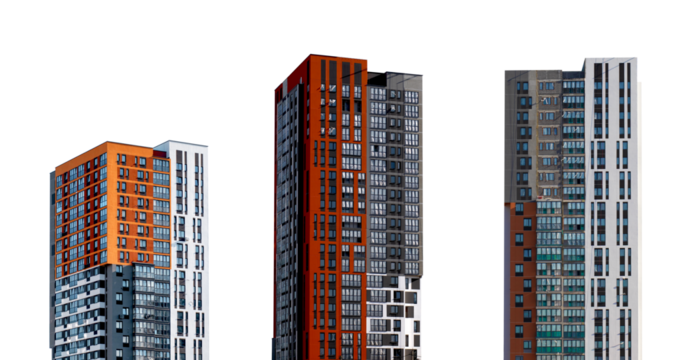 Building set with modern architecture. Skyscraper towers in urban city with tall facade and windows,