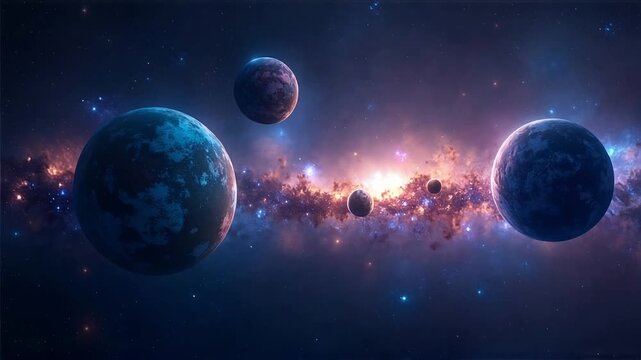 Stunning cinematic view of planets floating in a vibrant, colorful galaxy, perfect for science fiction, space exploration, and cosmic themes