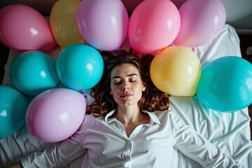 Obraz premium Restless Legs Syndrome: Woman finds solace amidst colorful balloons in bed, showcasing the constant movement and discomfort in her legs