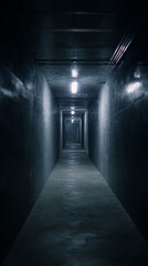 Dark industrial corridor with overhead lights, moody hallway with reflective floor, atmospheric underground passage with dramatic lighting, mysterious empty tunnel with cement walls

