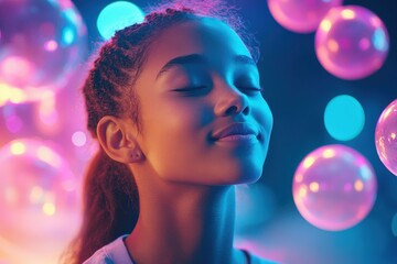 A serene young woman enjoys a moment of bliss surrounded by colorful bubbles and soft lighting.