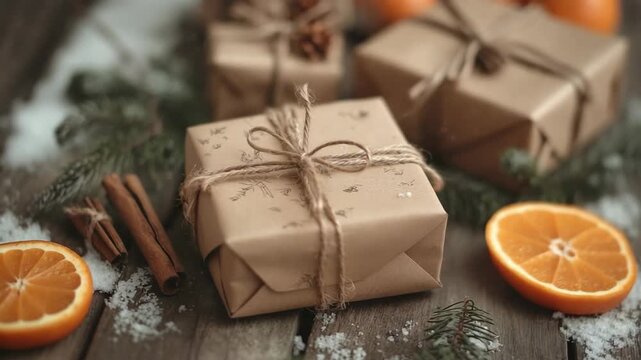 Christmas gift box with orange slices, wrapped with brown paper and tied with twine, lies on a wooden table. Christmas gift box is arranged with cinnamon sticks and pine needles,