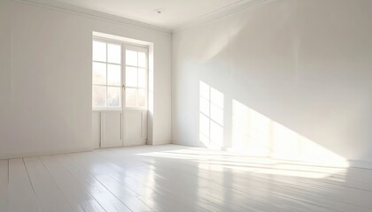 Obraz premium A sun-drenched, empty room with white walls, a large window, and gleaming hardwood floors exudes a serene and bright ambiance.