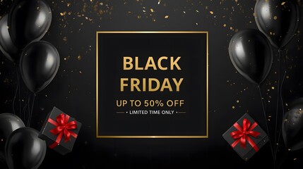 Black friday sale up to 50% off luxury black and gold banner with red ribbon gift boxes and black balloons confetti dark background retail promo poster seasonal discount ad for ecommerce offers