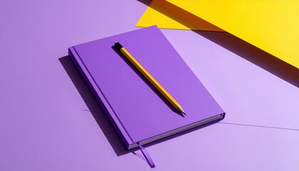 A vibrant purple notebook with a yellow pencil sits on a vibrant backdrop of purple and yellow, showcasing a modern and creative design.