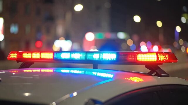 close up of red and blue Emergency responders bright flashing lights at night on police car