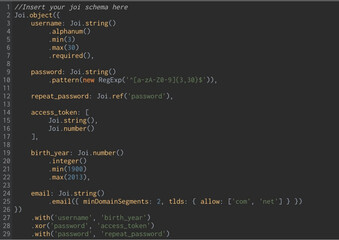 JavaScript code snippet showing Joi validation rules.User registration validation schema using Joi.Node.js Joi validation example for form input fields