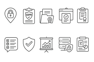 Business and privacy line icon set with security and data protection symbols