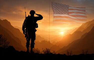 山頂に立つ兵士のシルエットと星条旗