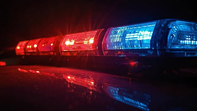 close up of red and blue Emergency responders bright flashing lights at night on police car