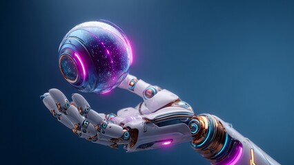 AIのコアを掲げるロボットの手