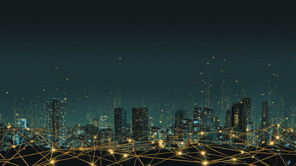 Fototapeta premium Twilight a city of modern business and smart digital innovation with a network of interconnected rewards over the cityscape of the future smart wireless digital city and social media network