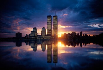 水面に反射する、夕焼け空とツインタワー