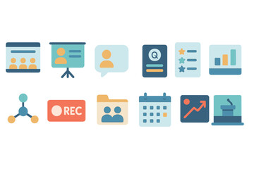 Business and office flat icon set. presentation, communication essentials collection