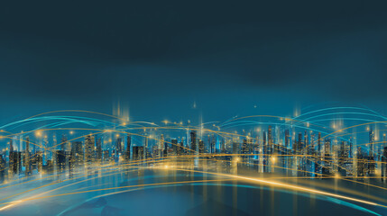 Twilight a city of modern business and smart digital innovation with a network of interconnected rewards over the cityscape of the future smart wireless digital city and social media network